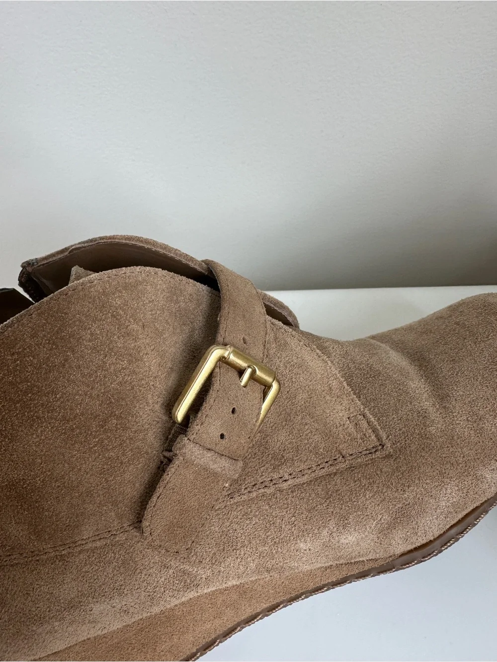 Franco Sarto Amerosa Buckle Wedge Bootie Tan Suede Size 9